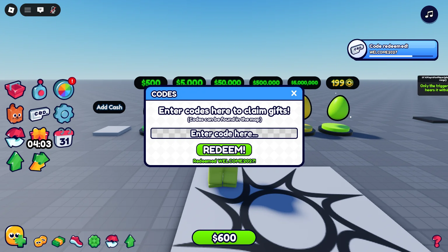 The Codes menu after a redeem, with the Code redeemed toast