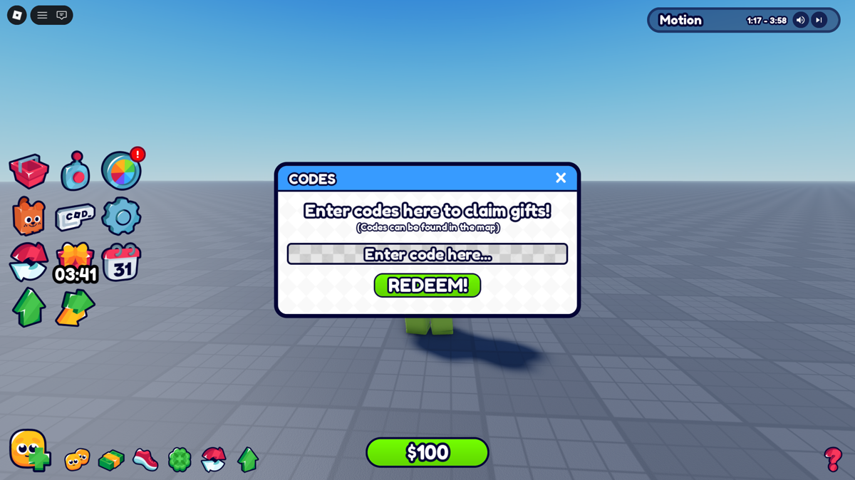 The Codes menu open inside General UI Kit's HUD, with its icon rail, music player and cash counter
