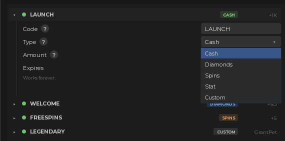 The five reward types in the dropdown