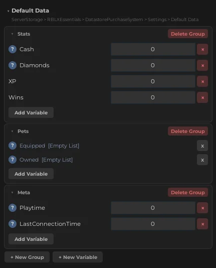 Default Data configuration