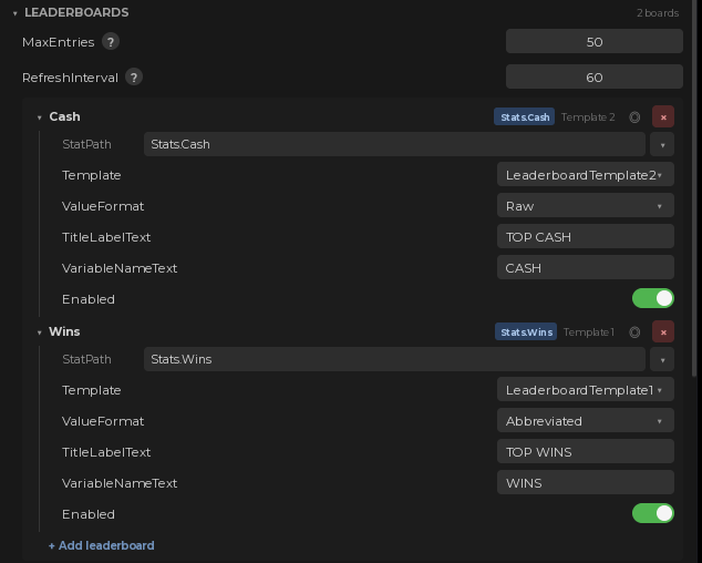 Two leaderboards open in the plugin, showing stat path, format, title text, column heading and template for each