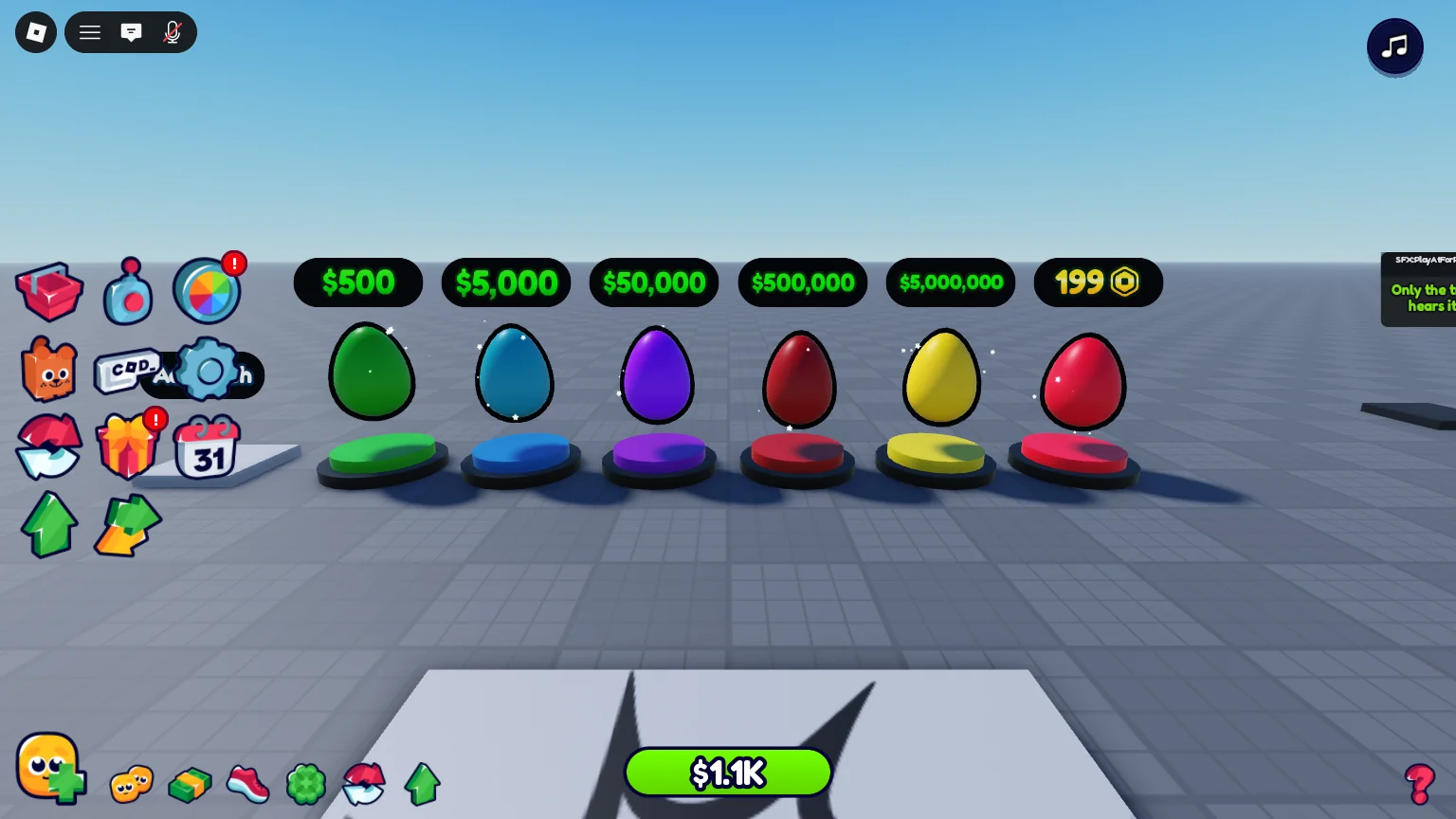 The row of six eggs on their podiums, each with its price