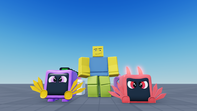 Two equipped pets walking beside the player, one purple and one red, both with their wings out