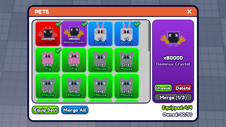 The Pets menu in game, a grid of pets coloured by rarity with the selected one shown large, and Equip Best and Merge All along the bottom