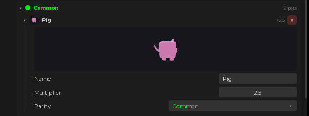 A pet open in the plugin, its model turning in 3D above its name, multiplier and rarity fields