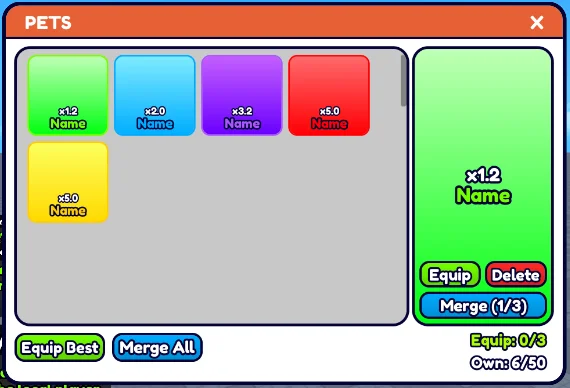 Pets menu in-game showing rarity card colours