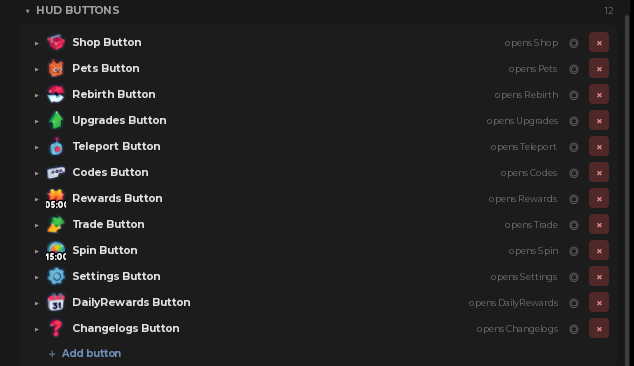 The HUD Buttons list in the plugin, twelve buttons with their icons and the menu each one opens