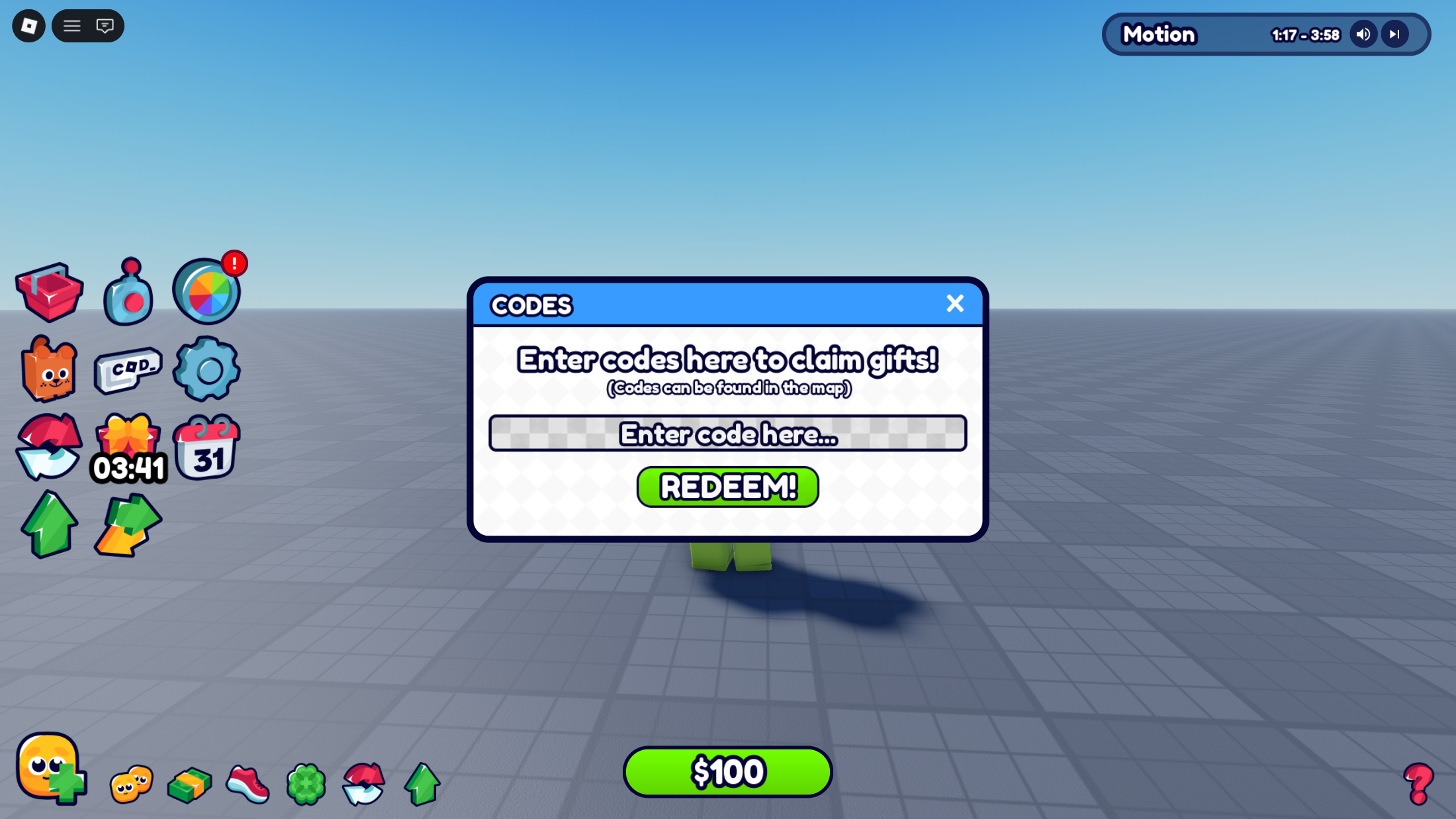 A game running with the kit installed: a column of HUD buttons down the left, a row along the bottom, a cash counter, the Codes panel open in the middle and the music player at the top right
