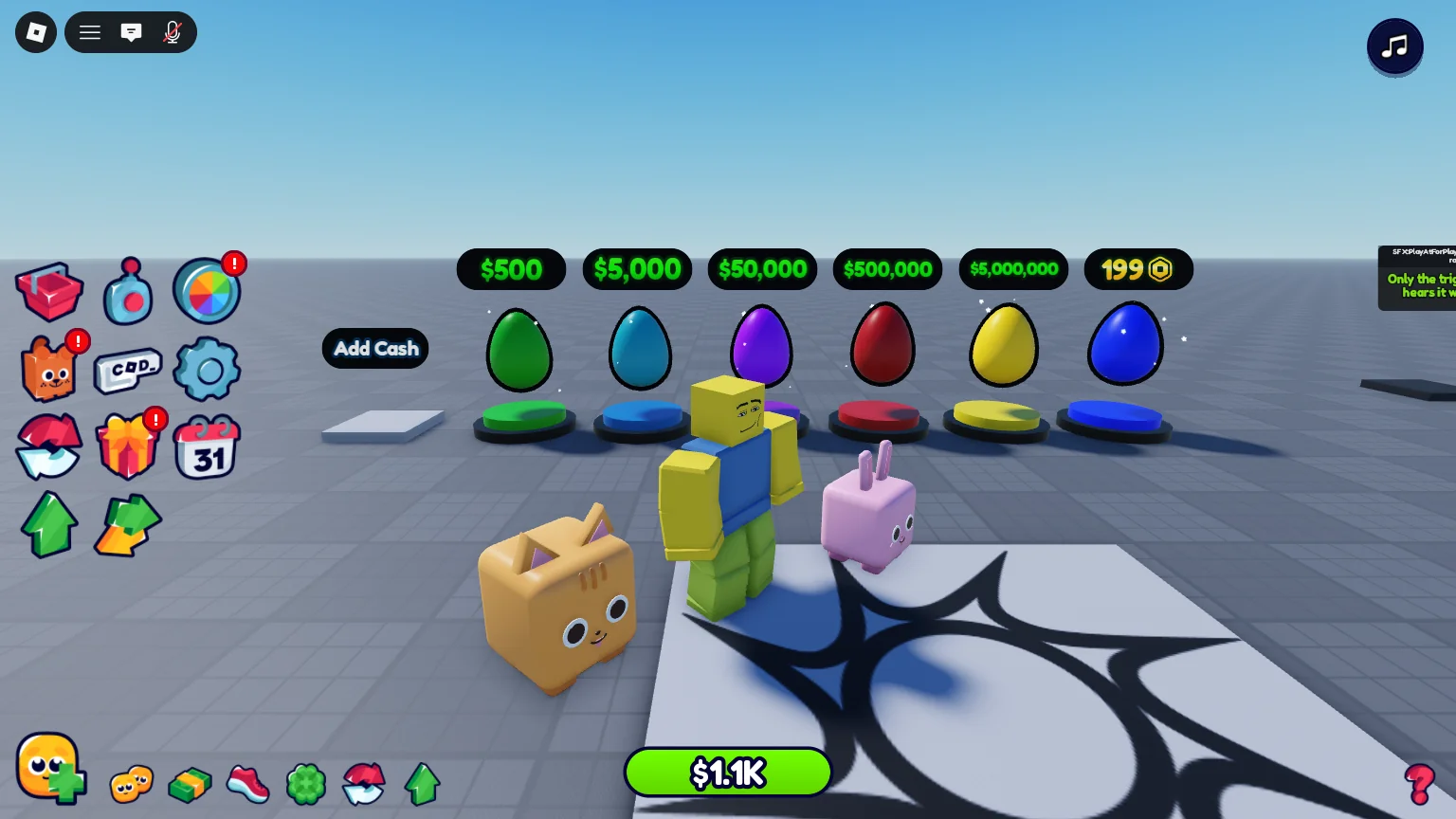 General UI Kit in Play: the HUD buttons down the side and along the bottom, and the Cash label