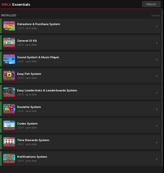 The plugin listing nine installed packs with their versions