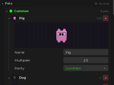A pet turning in 3D inside the plugin, above its name, multiplier and rarity fields