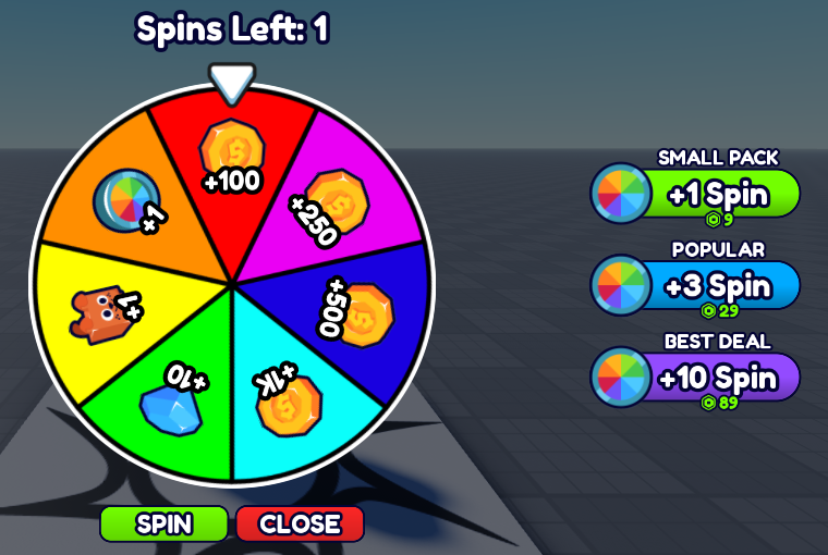 The spin wheel in game, mid-spin, with the spin count on the HUD