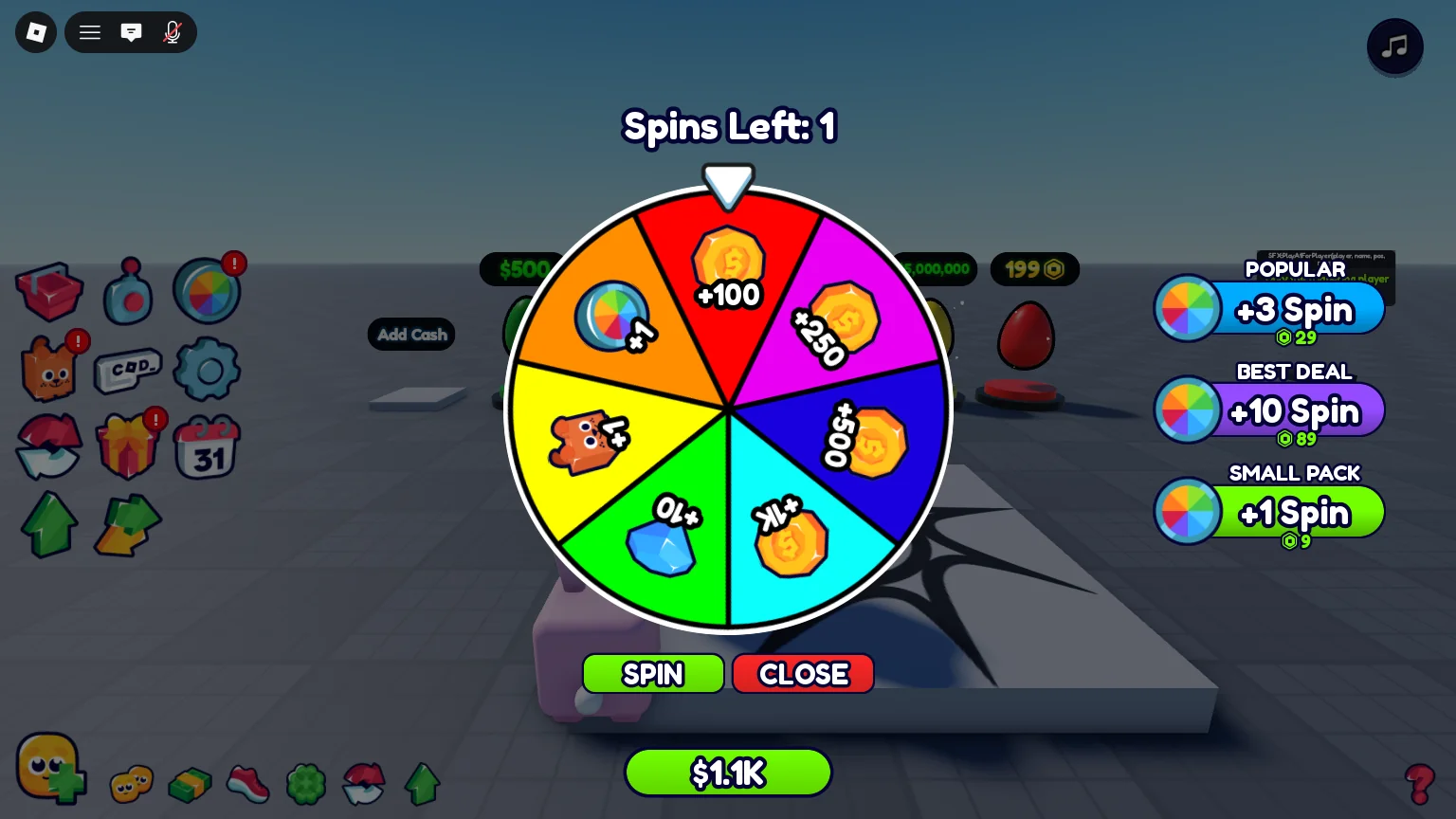 The spin wheel in Play with Spins Left 1, SPIN, and the spin packs beside it