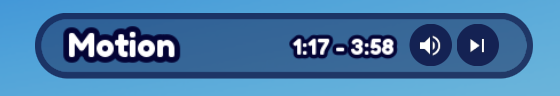 The music player bar on the HUD in game over a blue sky, naming the current song and counting the time through it, with mute and skip beside it