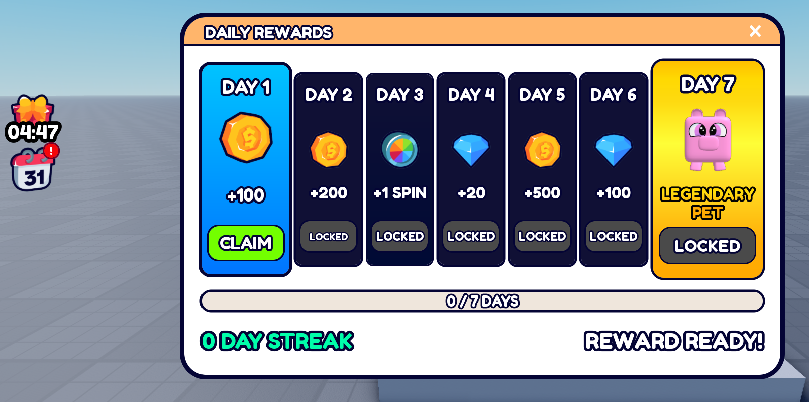 The daily rewards panel in game, day 1 ready to claim, with the HUD icons badged