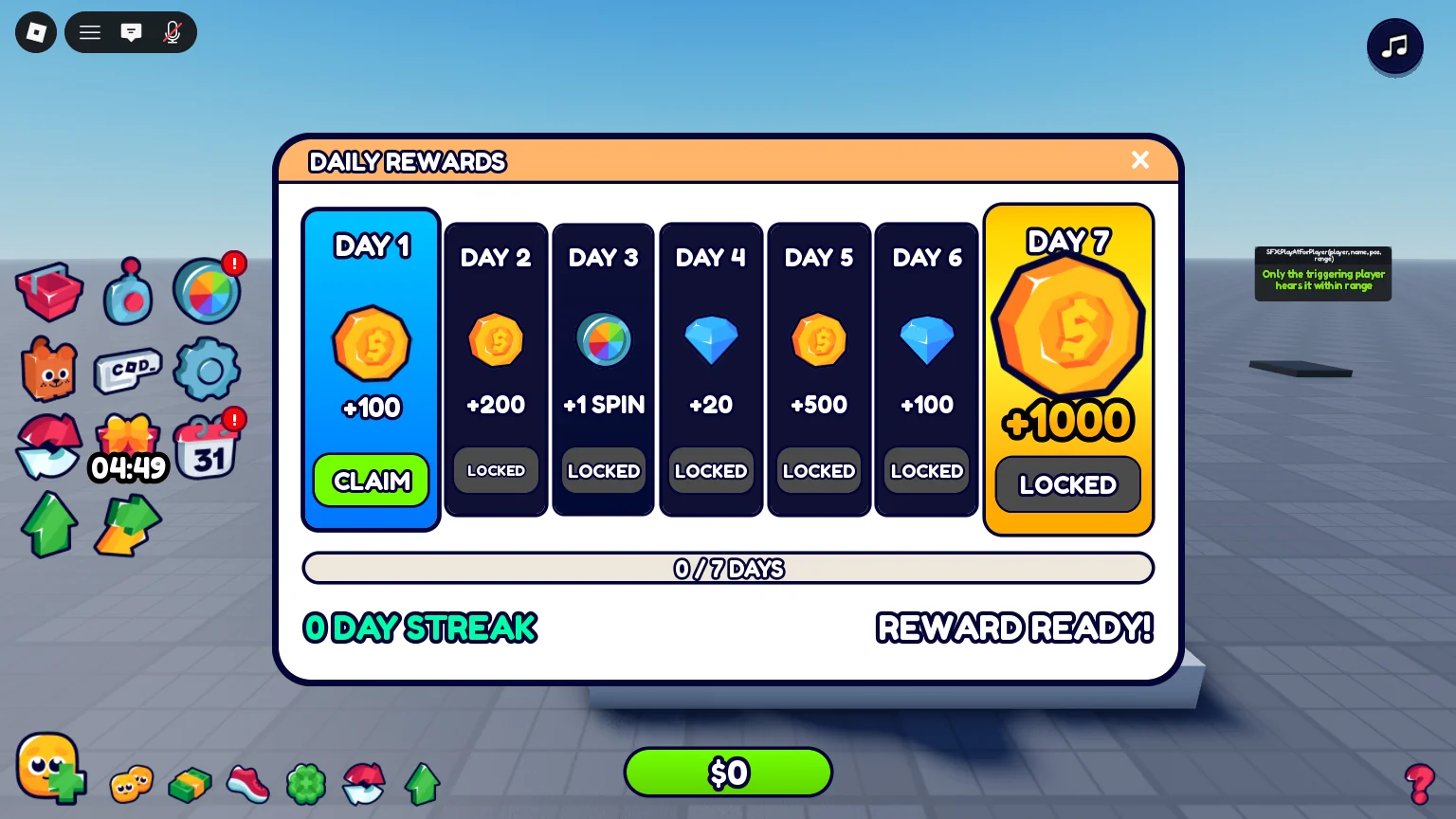 The Daily Rewards menu: seven days, day 1 ready to claim and the big day 7 reward