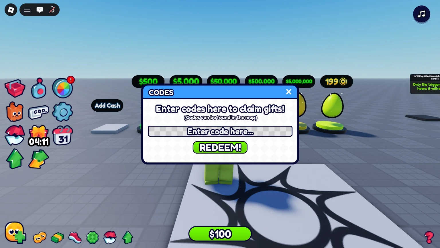 The Codes menu of Codes System opened from the General UI Kit HUD