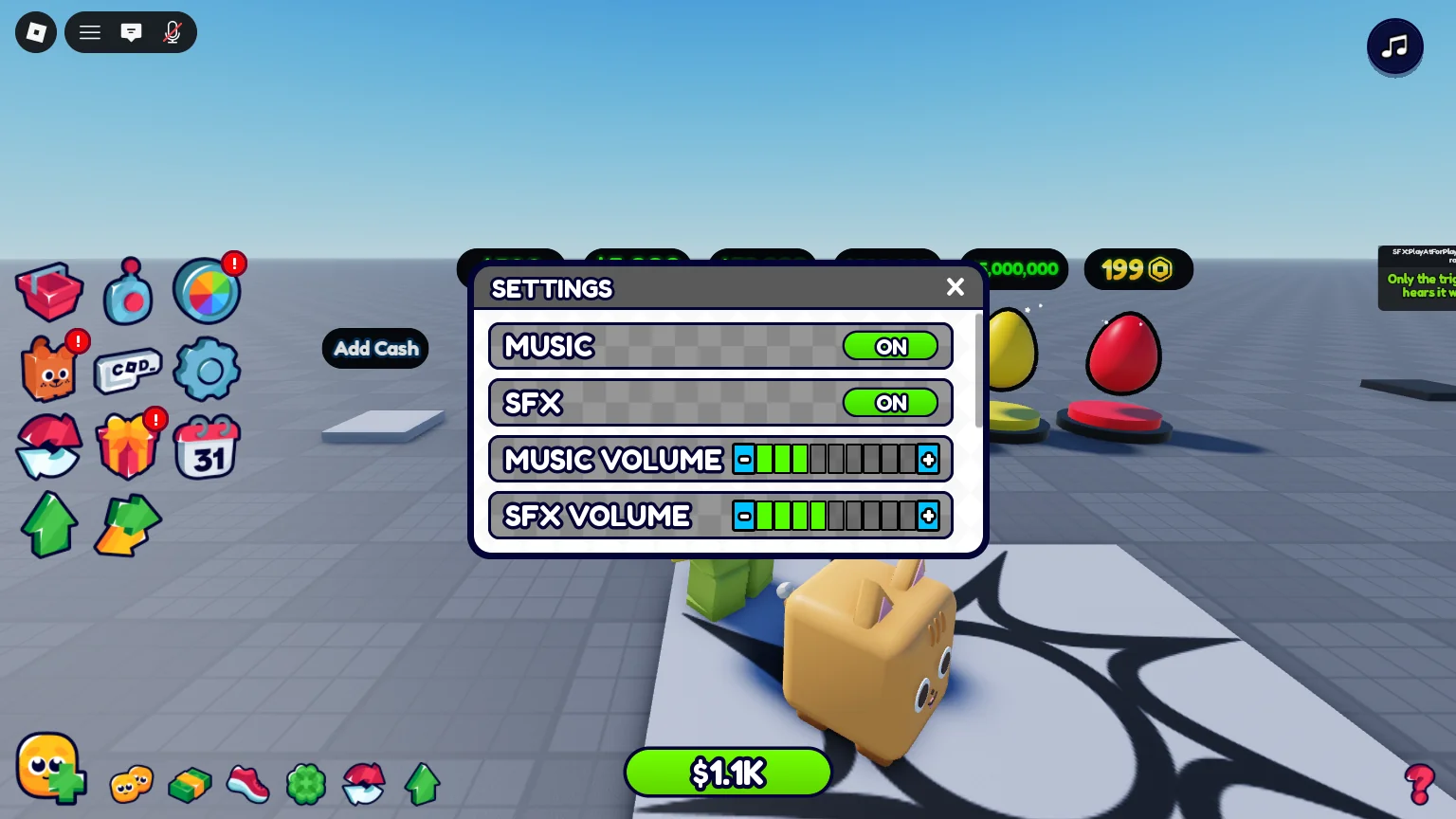 The Settings menu: Music and SFX switches and their volume bars