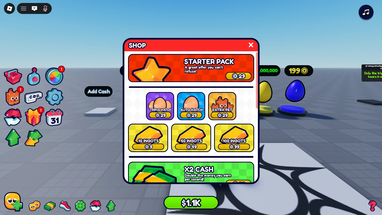 The Shop menu open from the HUD: the starter pack, the game passes and the currency packs