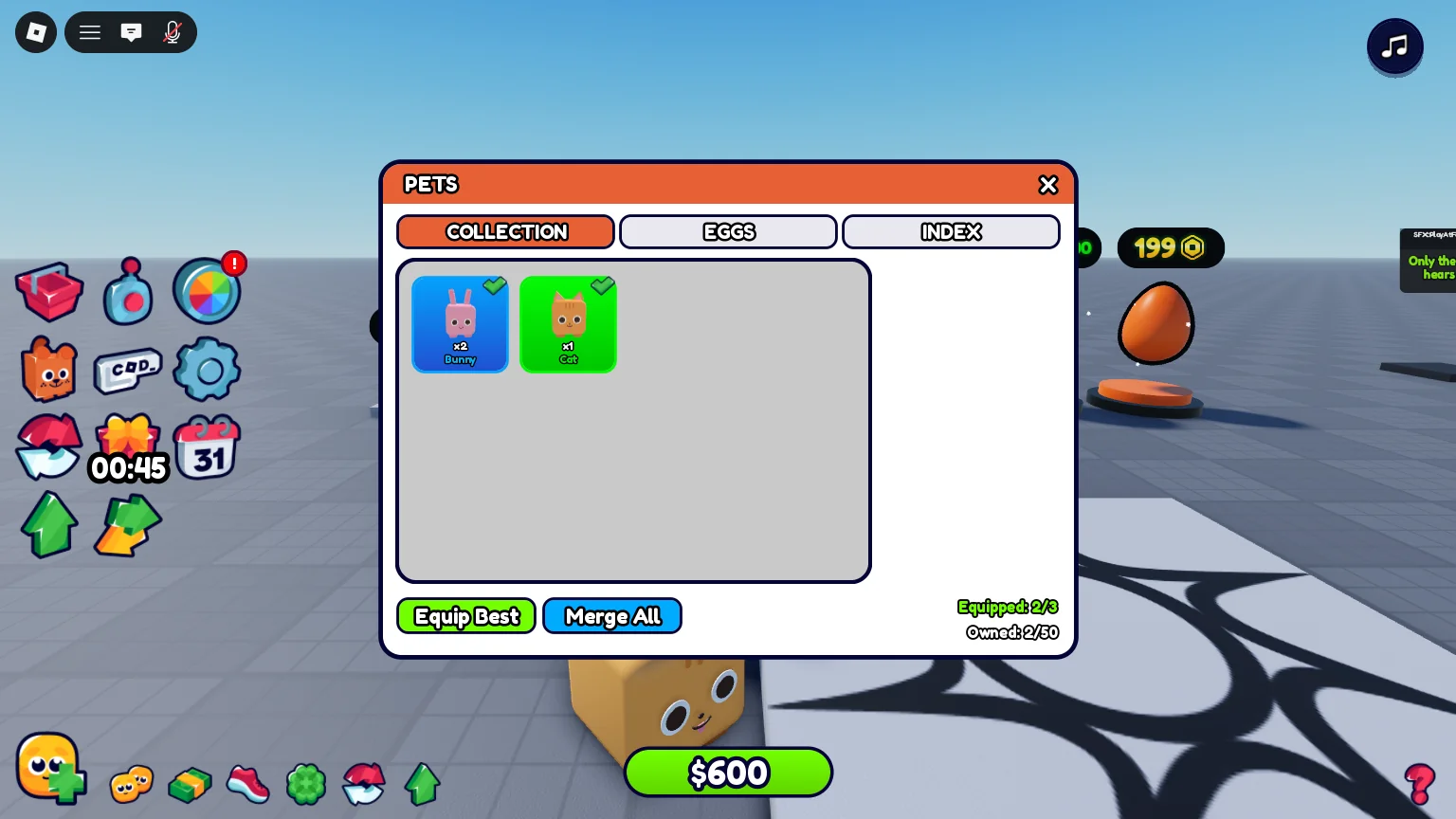 The Pets menu: two pets equipped, Equip Best and Merge All