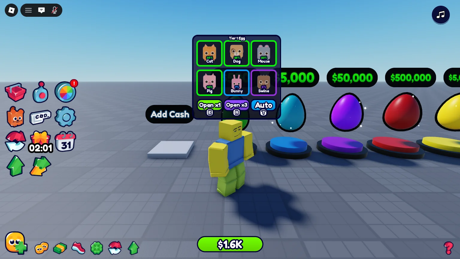 The Tier 1 egg menu over the egg: each pet with its chance, and Open x1, Open x3 and Auto