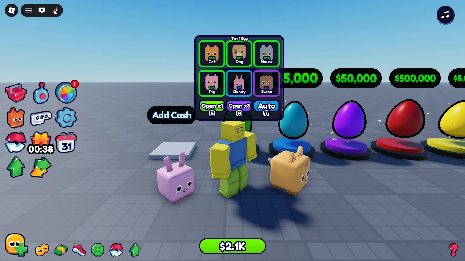 Two pets following the player past the row of eggs