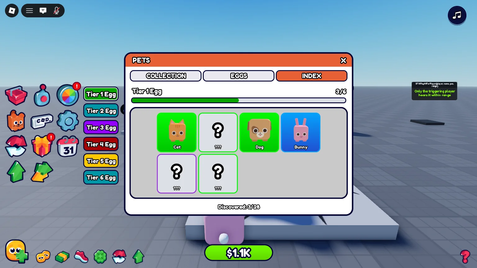 The Pets menu on Index: the pets found so far and the ones still to find