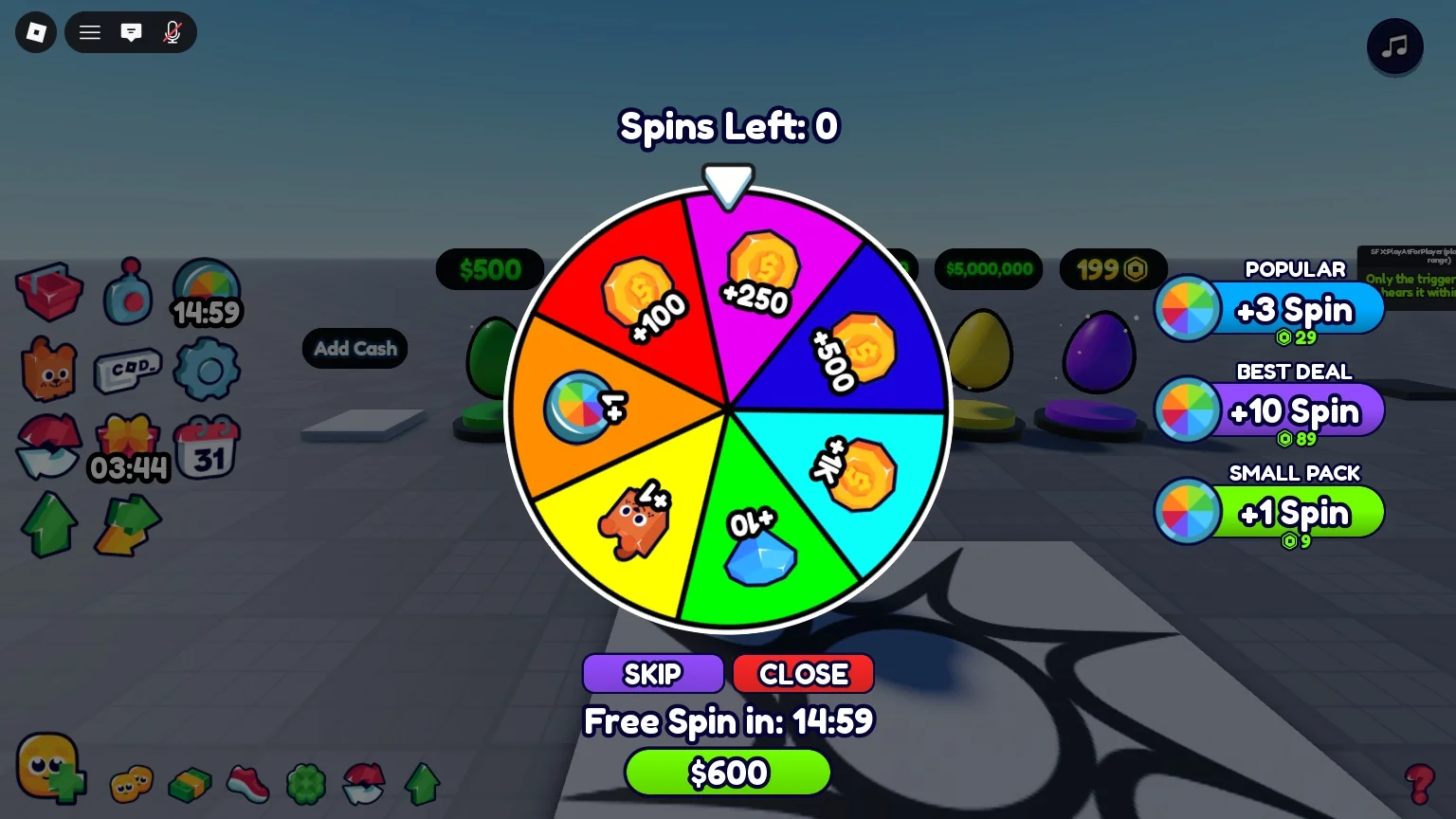 The wheel after the spin: Spins Left 0 and the Free Spin countdown under it