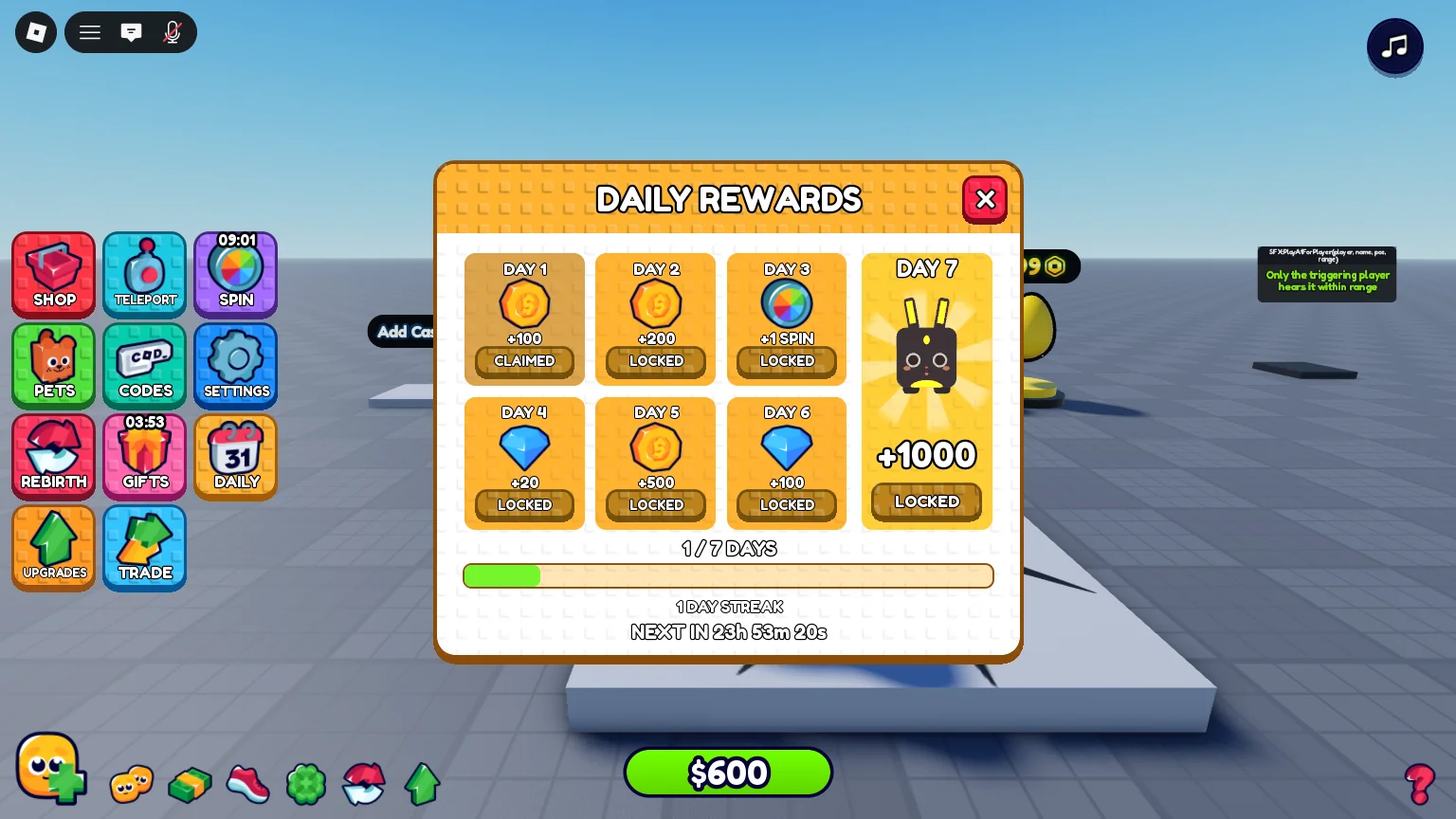 The Daily Rewards menu of Time Rewards System in the Studded UI look