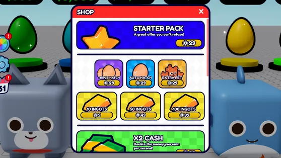 The shop with the Triple Hatch, Auto Hatch and Extra Pet passes, two pets beside it