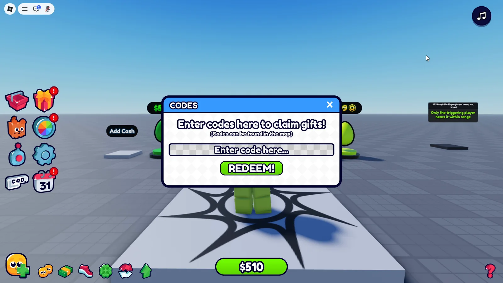 The Codes menu open in Play, from the CODE button on the HUD