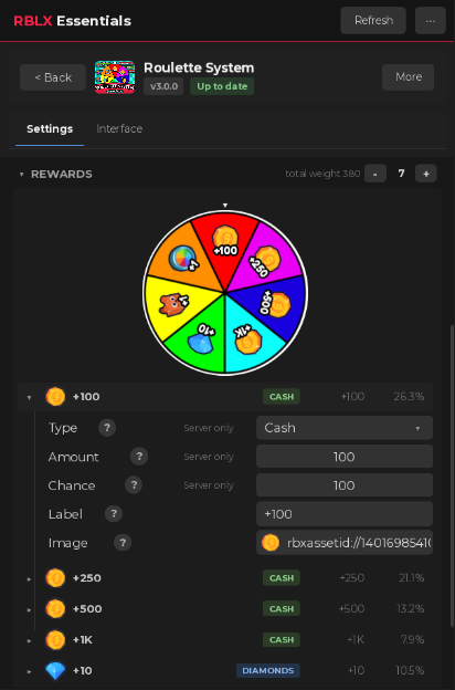 The plugin panel that sets up the prize wheel