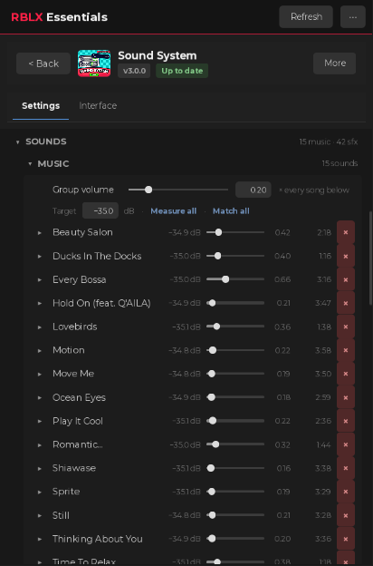 The plugin panel for music and sound volumes