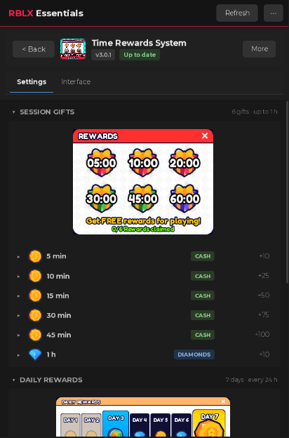 The plugin panel for daily rewards and session gifts
