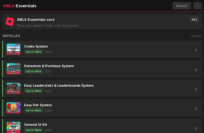The RBLX Essentials plugin in Roblox Studio, listing the installed packs