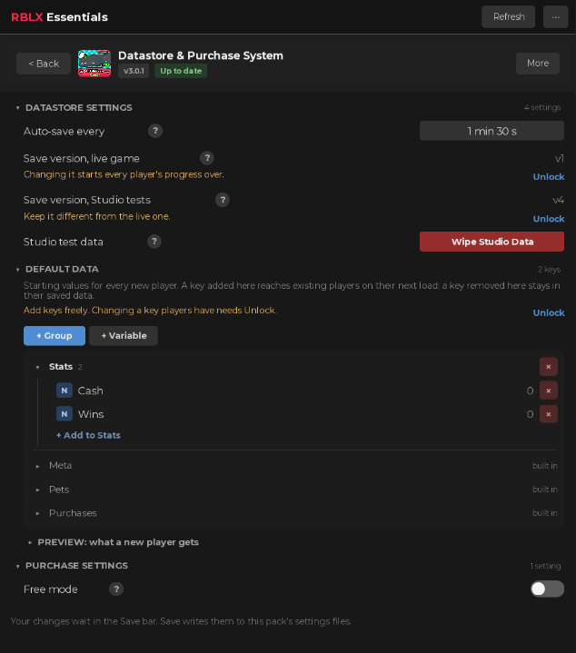 Datastore & Purchase System in the plugin: auto-save, save versions and Wipe Studio Data