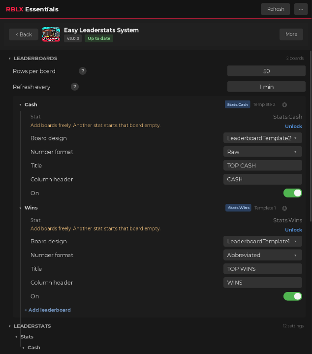 Easy Leaderstats in the plugin: rows per board, refresh time and the Cash and Wins boards