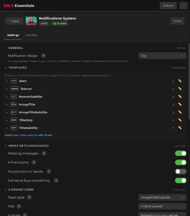 Notifications System in the plugin: the design above the seven templates