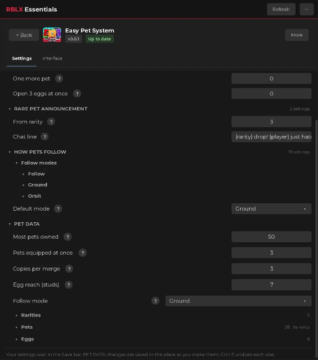 Easy Pet System in the plugin: follow modes, pet data, rarities, pets and eggs