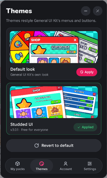 The plugin card on Themes: Default look with Apply and Studded UI applied