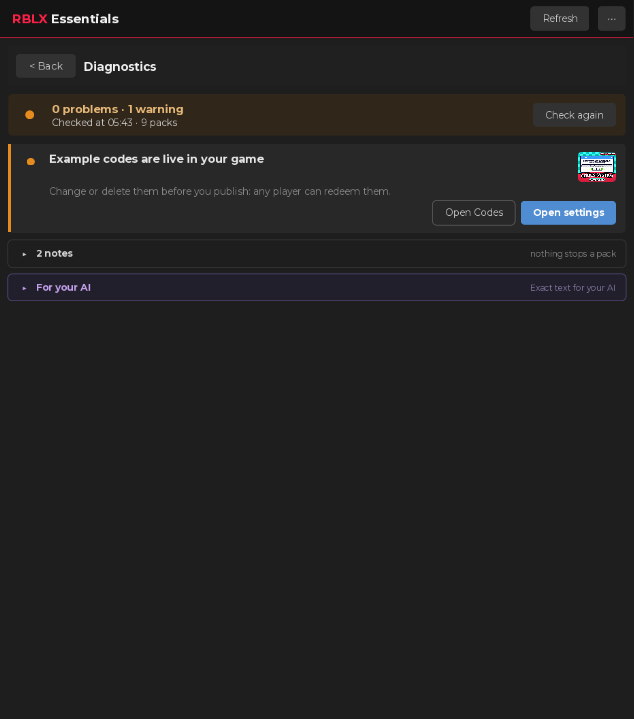 The plugin Diagnostics view: 0 problems and 1 warning with Open settings