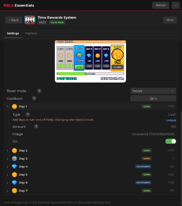 Time Rewards System settings in the plugin, with the daily rewards preview