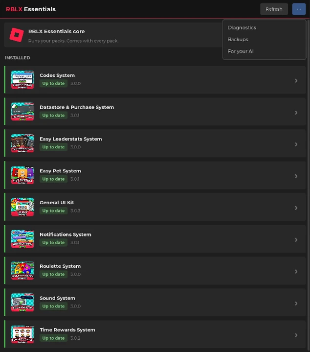 The plugin docked panel listing nine installed packs, each up to date