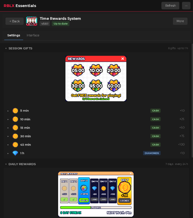 Time Rewards System in the plugin: the session gifts and the daily rewards