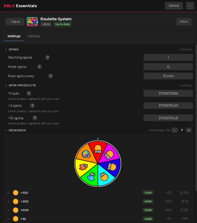Roulette System in the plugin: starting spins, the free spin cooldown and the spin products