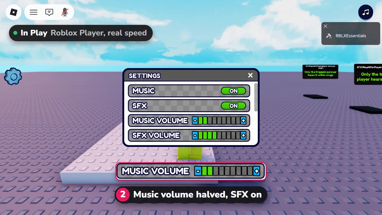 The music volume halved by the AI, shown in the Settings menu in Play