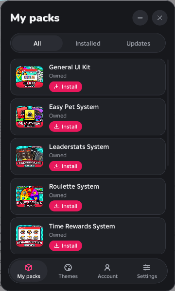The plugin card on My packs, with Install on every free or owned pack
