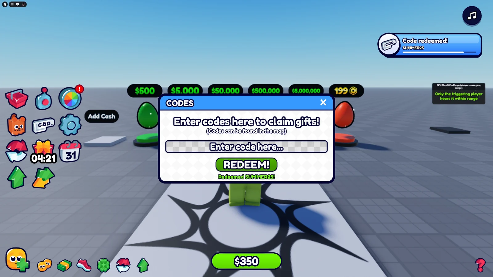 The Codes menu in a play test: SUMMER25 redeemed, with the Code redeemed toast